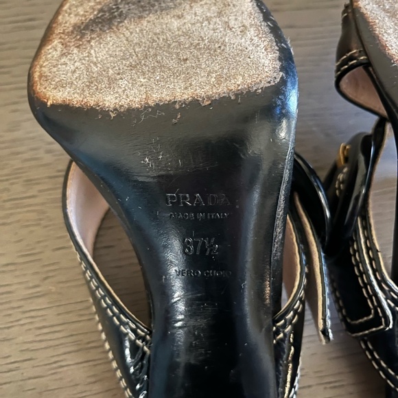 PRADA | Luxury Black Leather White Stitch Criss-Cross Buckle Heel | Size 37.5 - Picture 7 of 10